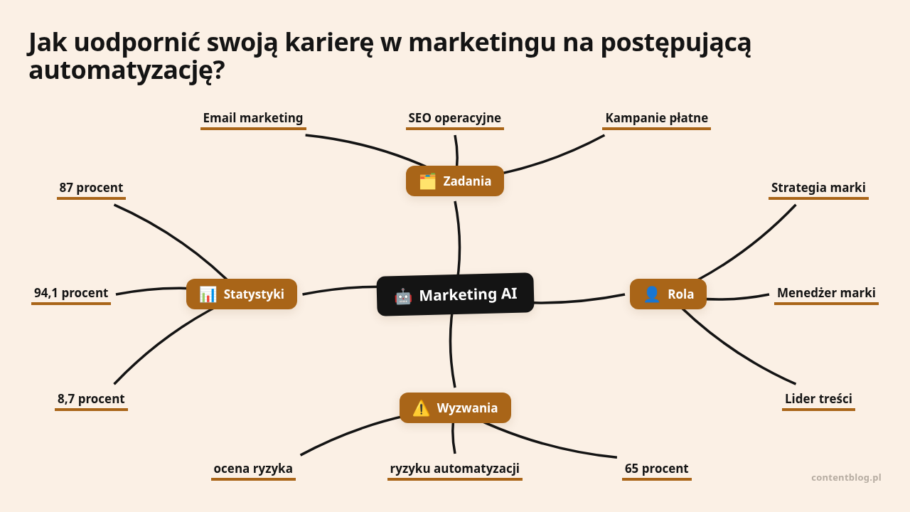 Mapa myśli: Marketing AI, gałęzie: Zadania, Rola, Wyzwania, Statystyki