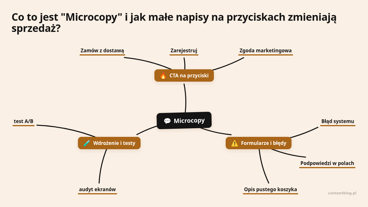Mapa myśli: Microcopy, gałęzie: CTA na przyciski, Formularze i błędy, Wdrożenie i testy